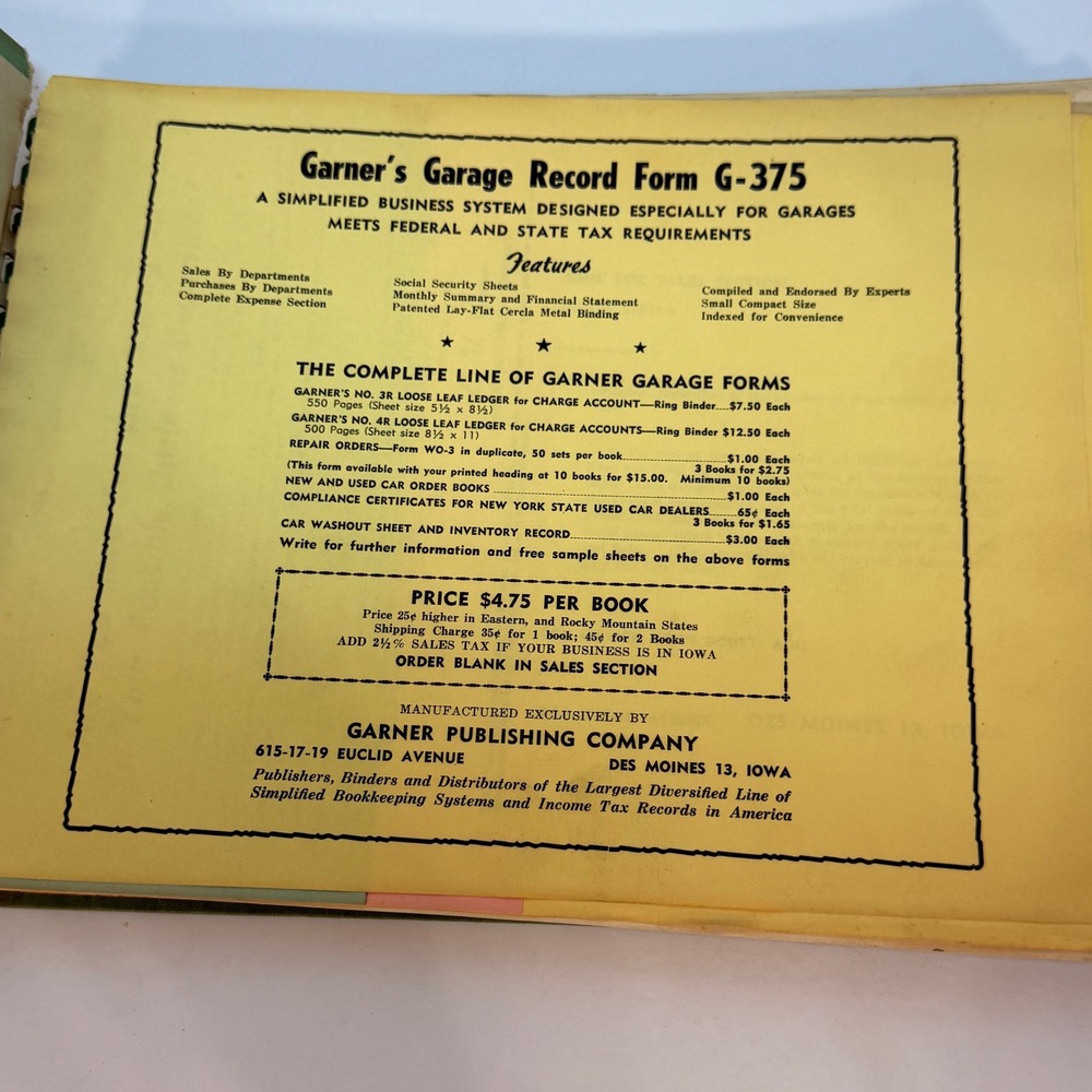 Vintage Garners Garage System G-375 Record Book Ledger Automotive Green Iowa - Picture 4 of 7